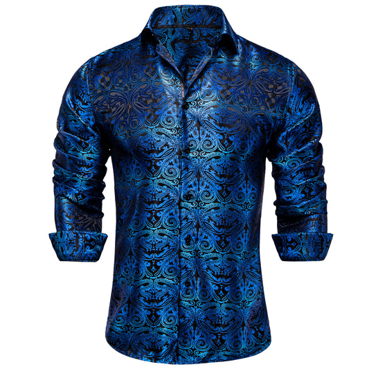 Barry. Wang Blue Paisley Mens Button Down Long Sleeve Shirt