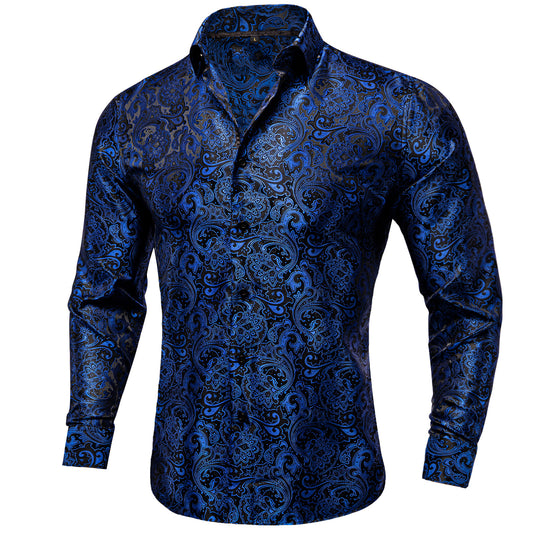 Barry. Wang Navy Blue Floral Mens Button Down Long Sleeve Shirt
