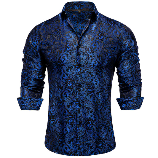 Barry. Wang Navy Blue Floral Mens Button Down Long Sleeve Shirt