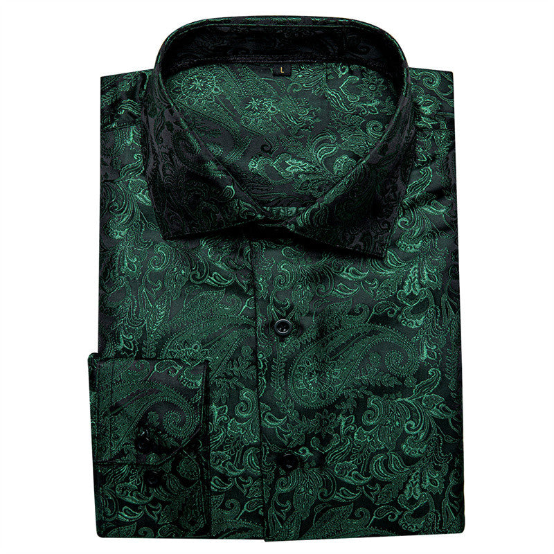 Barry. Wang Mens Hunter Green Shirt Casual Paisley Jacquard Long Sleeve Shirt