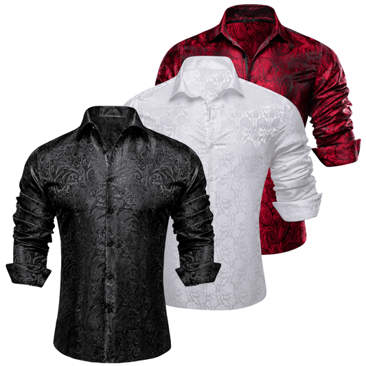 Barry.Wang 3pcs Mens Dress Shirts Black White Red Paisley Shirt Silk Shirt