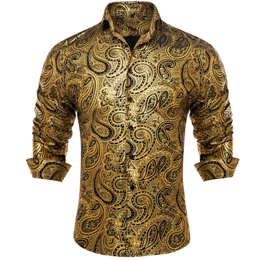 Barry. Wang Gold Paisley Mens Silk Long Sleeve Dress Shirt