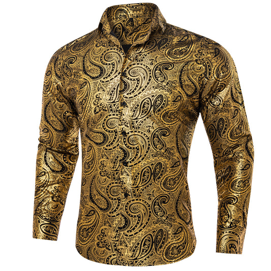 Barry. Wang Gold Paisley Mens Silk Long Sleeve Dress Shirt