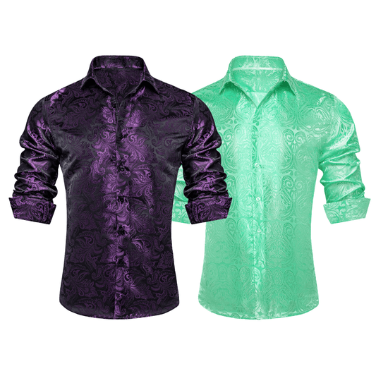 Barry.Wang 2pcs Mens Shirts Purple Green Paisley Floral Shirt Silk Shirt