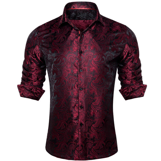 Barry. Wang Burgundy Paisley Silk Button Down Mens Long Sleeve Dress Shirt