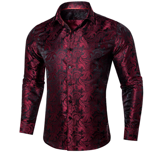 Barry. Wang Burgundy Paisley Silk Button Down Mens Long Sleeve Dress Shirt