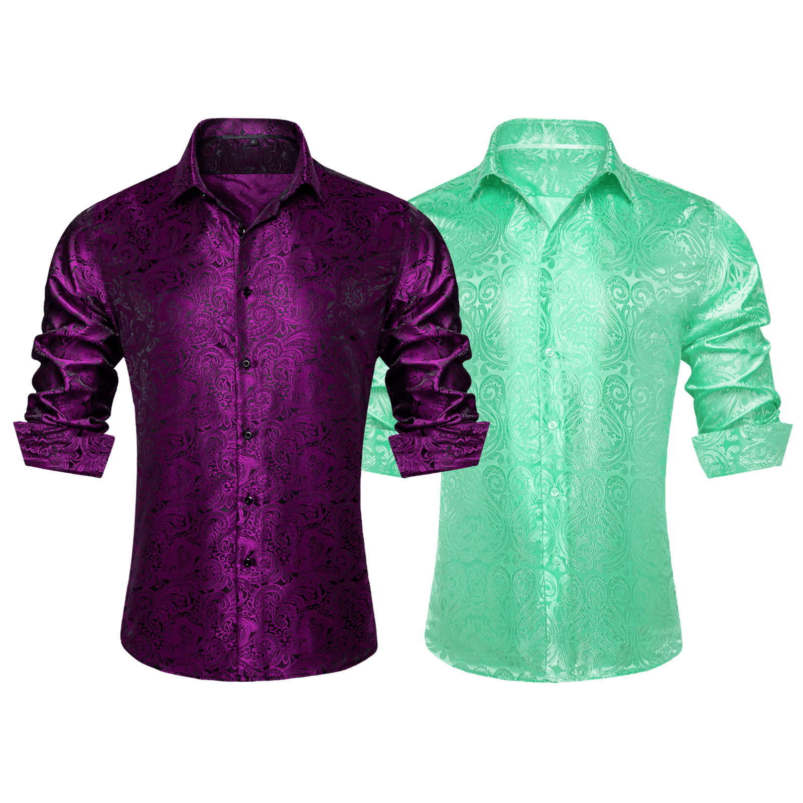 Barry.Wang 2pcs Mens Shirts Purple Green Paisley Shirt Silk Shirt