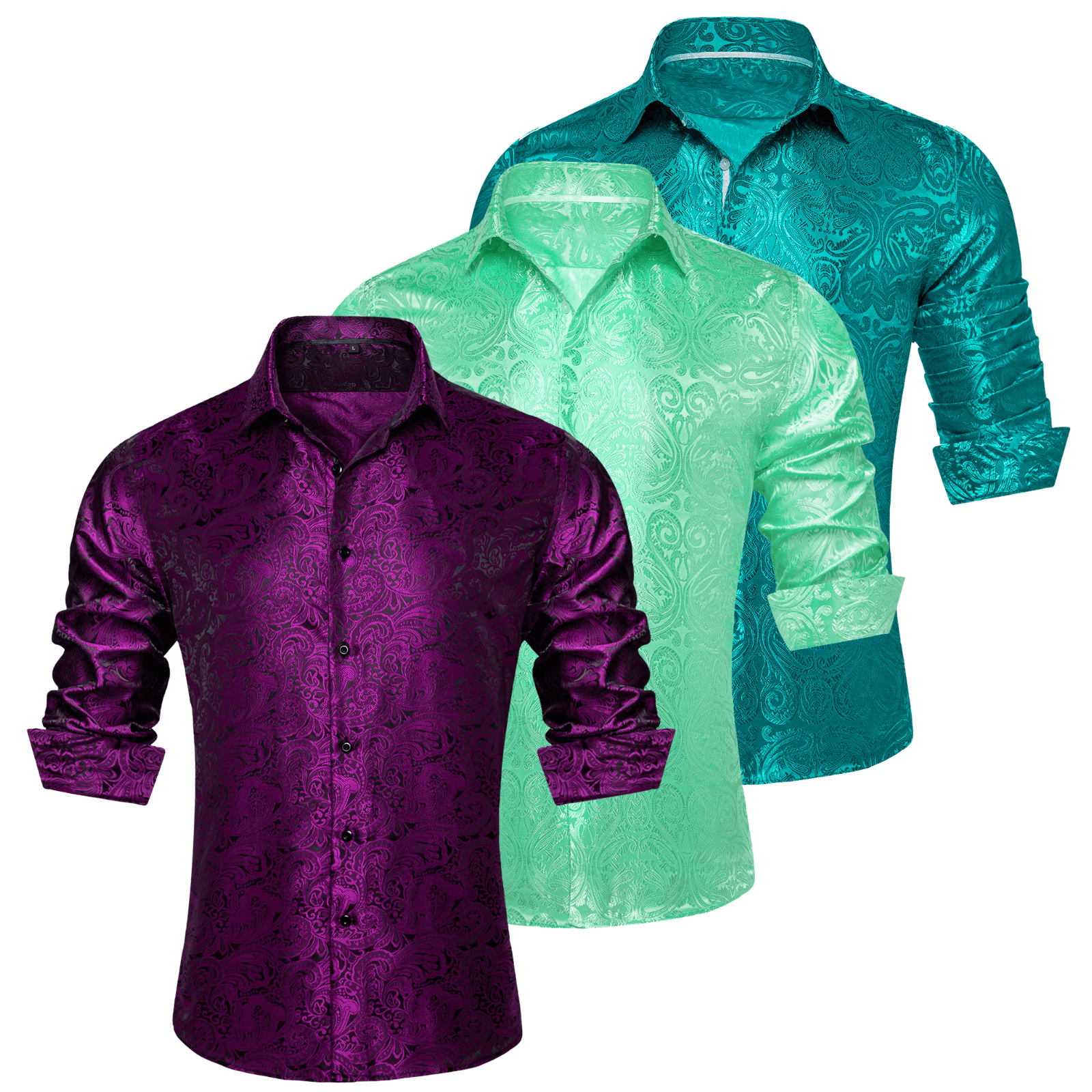 Barry.Wang 3pcs Mens Dress Shirts Purple Green Paisley Shirt Silk Shirt