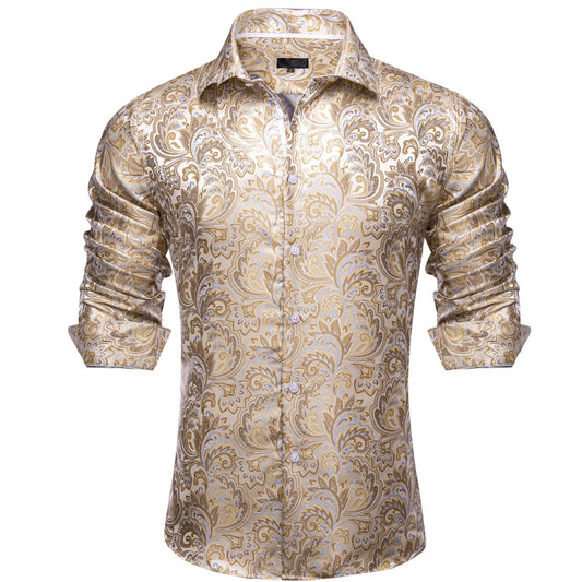 Barry. Wang Dress Shirt Champagne Floral Button Down Long Sleeve Shirt