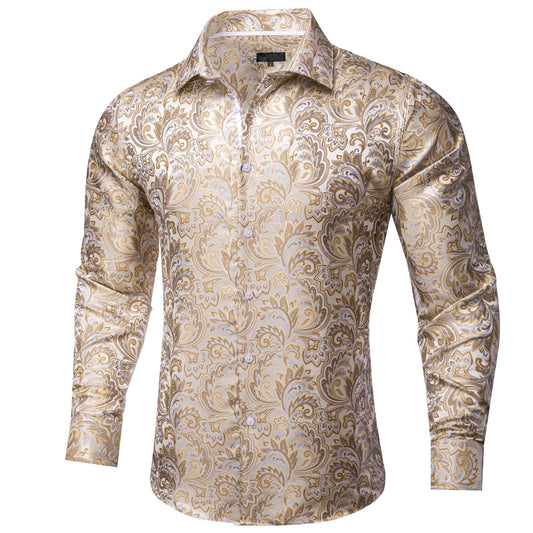 Barry. Wang Dress Shirt Champagne Floral Button Down Long Sleeve Shirt