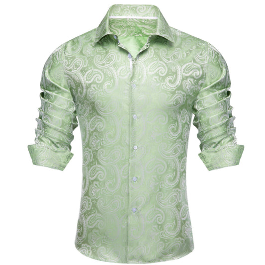 Barry. Wang Sage Green Paisley Silk Button Down Long Sleeve Mens Shirt Dress