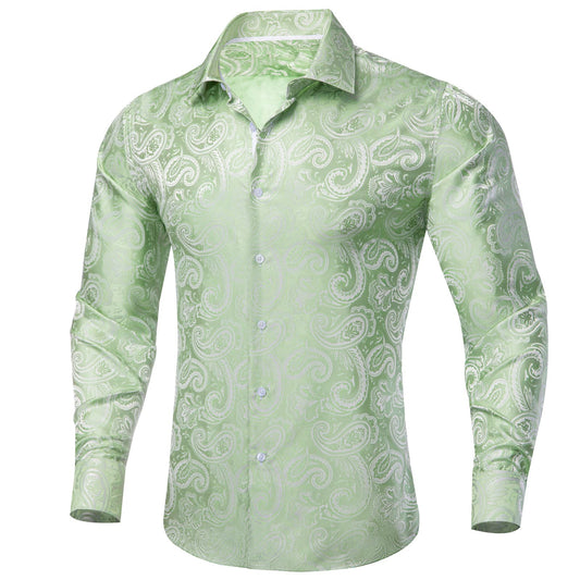 Barry. Wang Sage Green Paisley Silk Button Down Long Sleeve Mens Shirt Dress