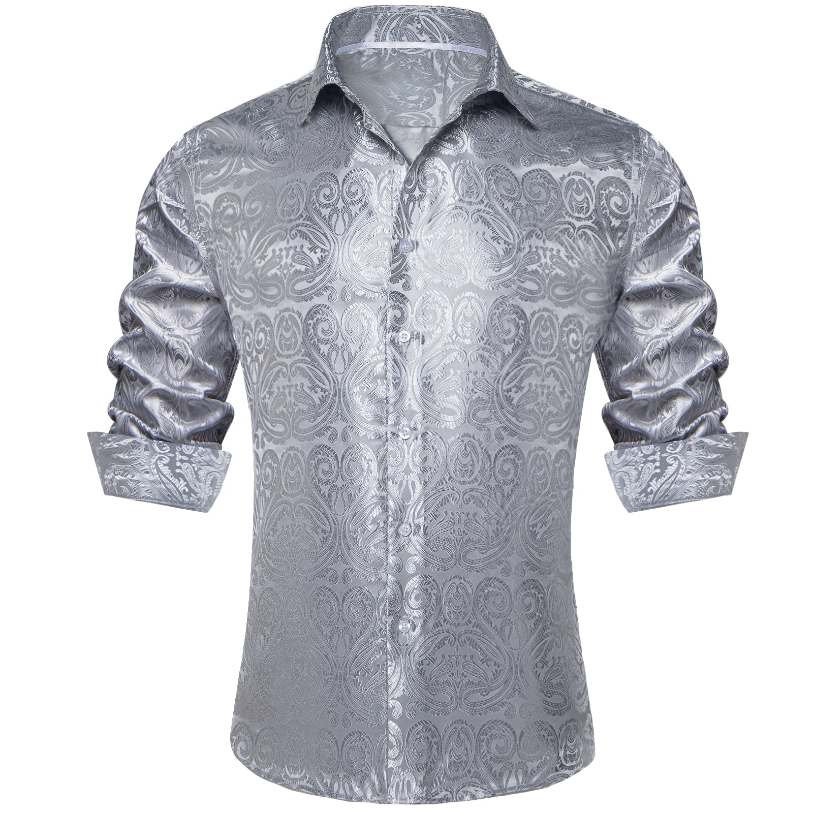Barry. Wang Grey Paisley Long Sleeve Button Down Dress Shirt