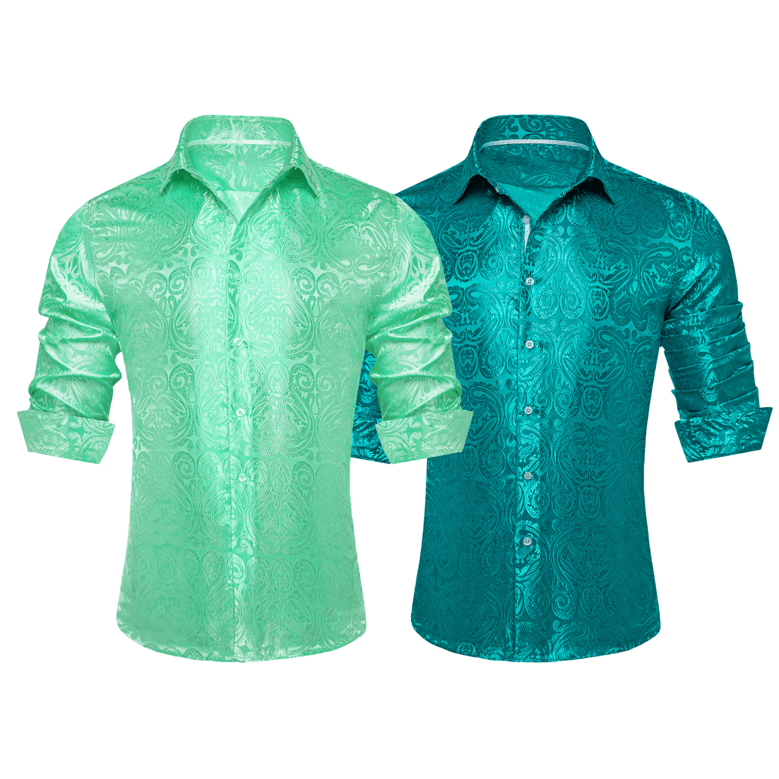 Barry.Wang 2pcs Mens Shirts Green Paisley Shirt Silk Shirt