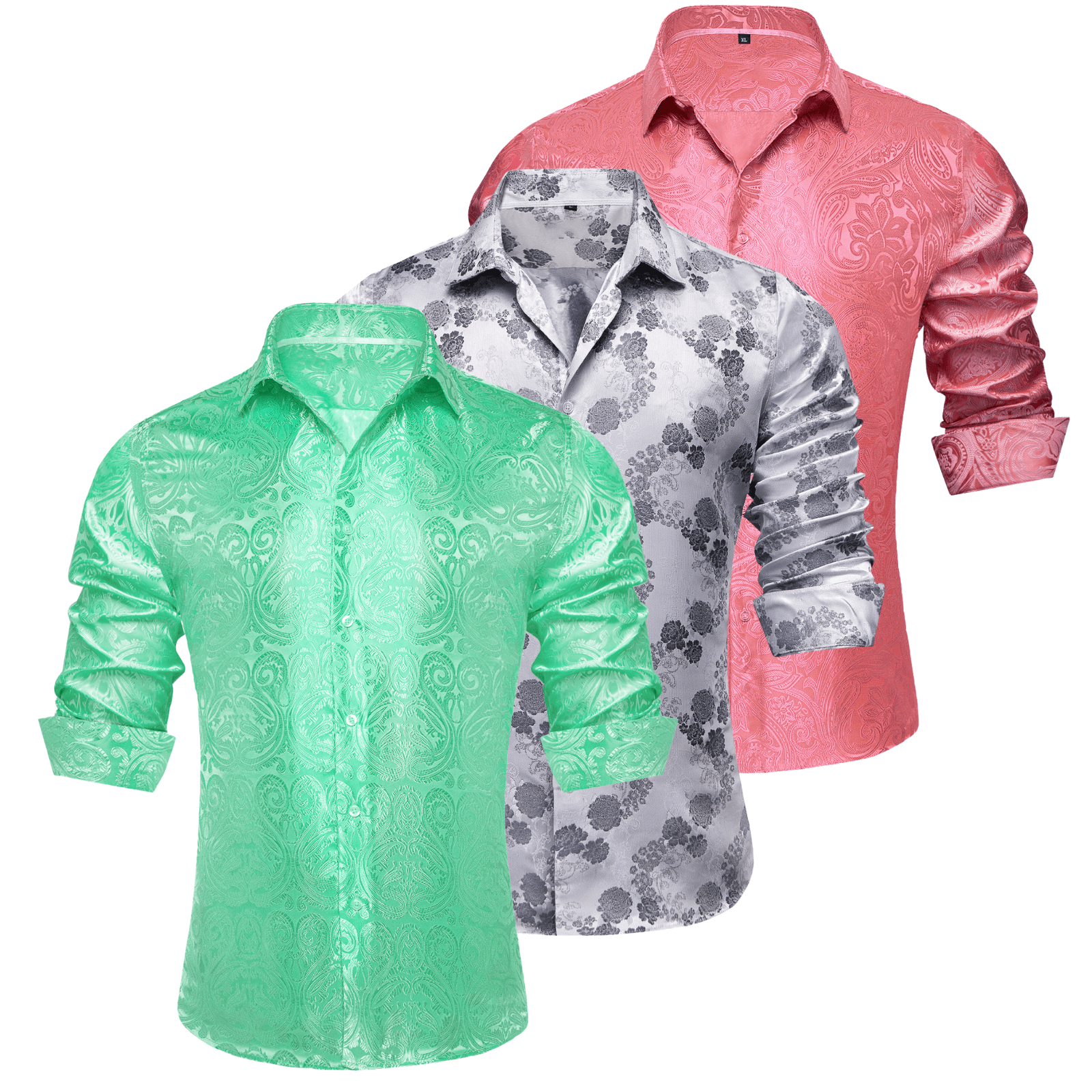 Barry.Wang 3pcs Mens Dress Shirts Green Grey Pink Paisley Shirt Silk Shirt