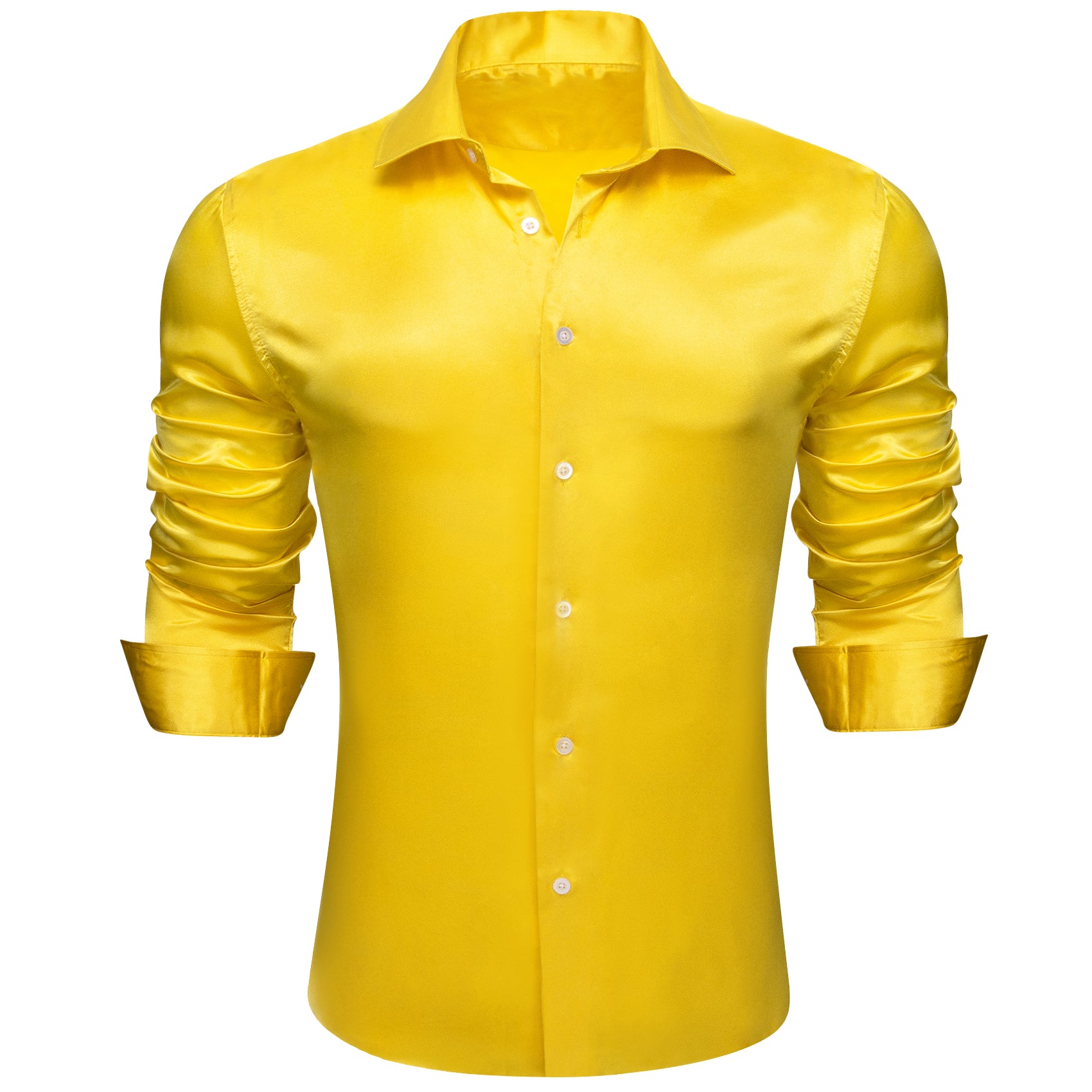 Barry.wang Men's Shirt Bright Yellow Solid Silk Long Sleeve Shirt Business