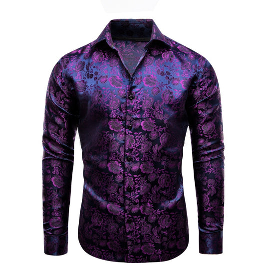 Barry. Wang Mens Purple Floral Dress Shirt Long Sleeve Button Down Shirt