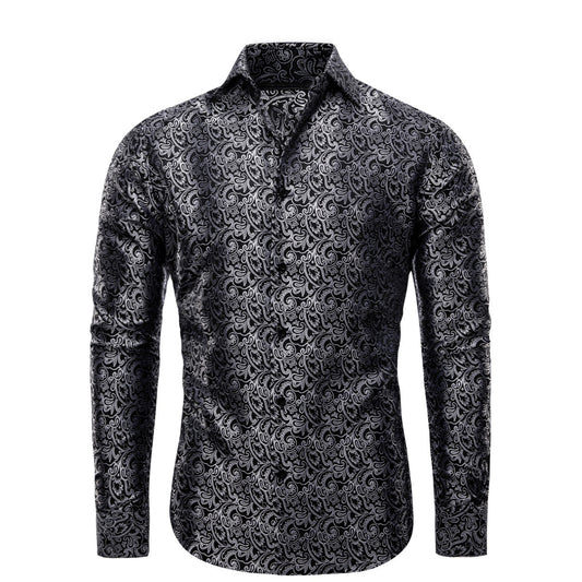 Barry. Wang Grey Paisley Shirt Button Down Silk Jacquard Long Sleeve Dress Shirt