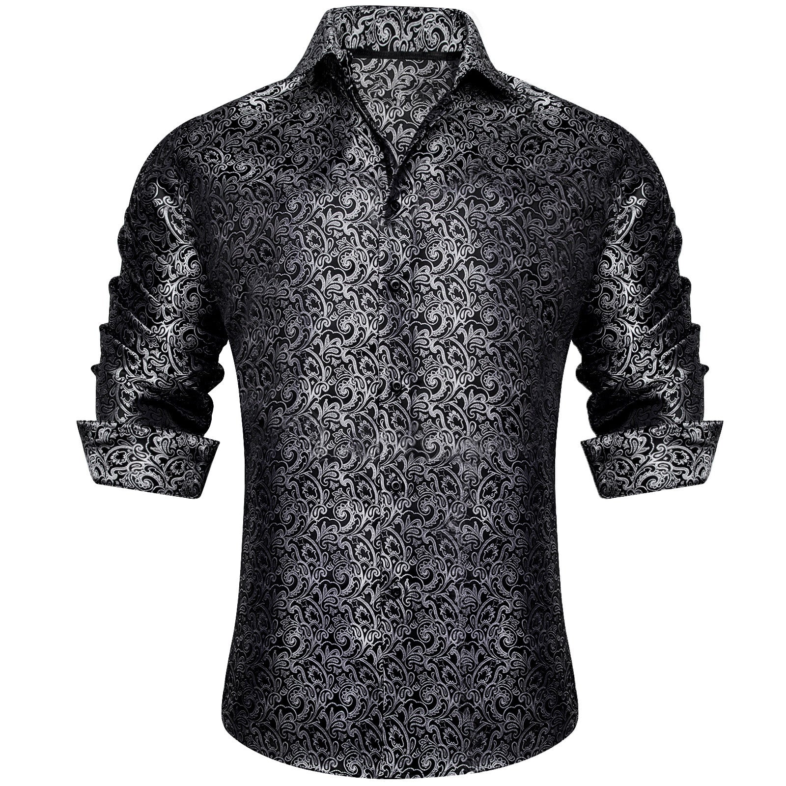 Barry. Wang Grey Casual Shirt Mens Paisley Long Sleeve Button Down Shirt