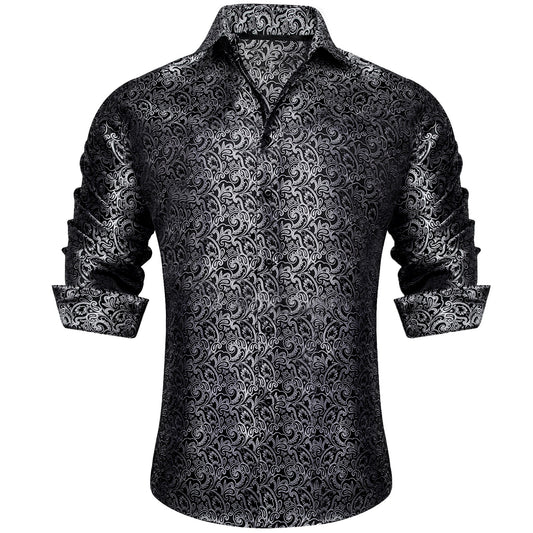 Barry. Wang Grey Paisley Shirt Button Down Silk Jacquard Long Sleeve Dress Shirt