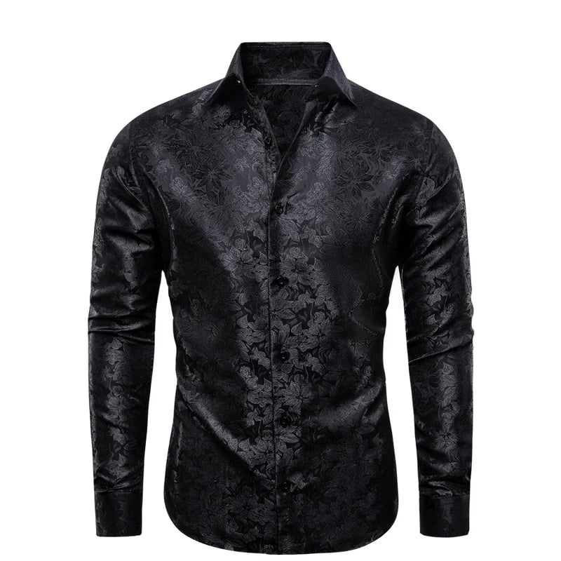 Barry. Wang Black Floral Dress Shirt for Men Club Party Casual Long Sl
