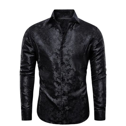 Barry. Wang Black Floral Dress Shirt for Men Club Party Casual Long Sleeve Shirt
