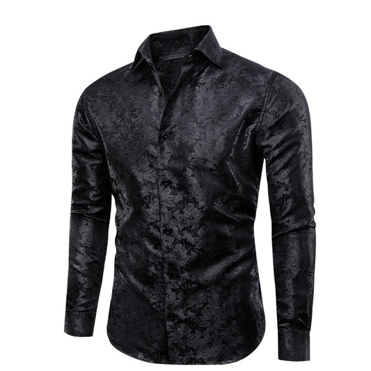 Barry. Wang Black Floral Dress Shirt for Men Club Party Casual Long Sleeve Shirt