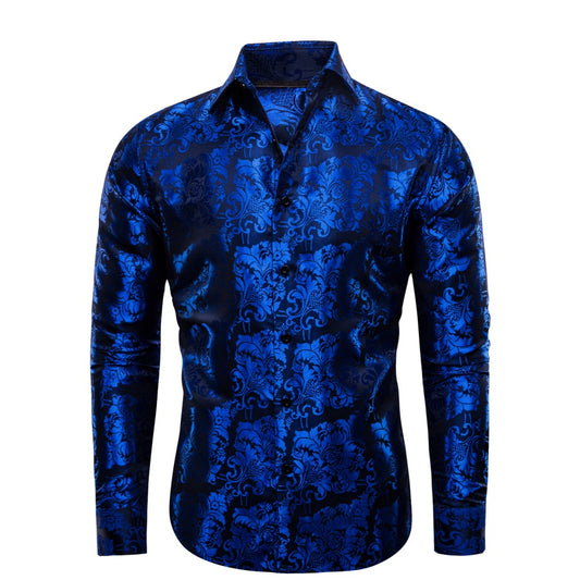 Barry. Wang Mens Floral Dress Shirt Royal Blue 70s Disco Long Sleeve Button Down Shirt