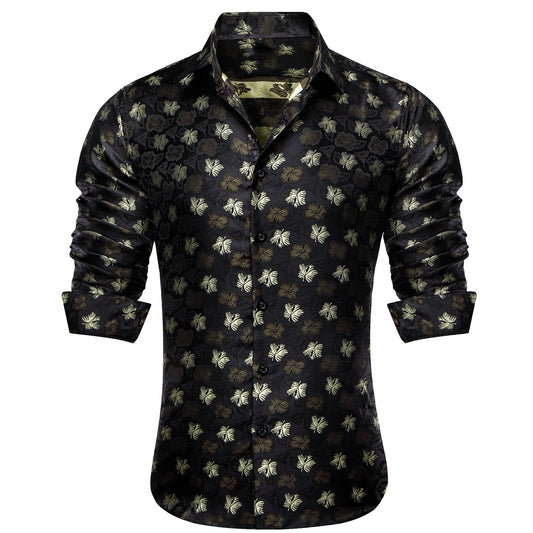 Barry. Wang Button Down Shirt for Men Floral Black Casual Long Sleeve Shirt
