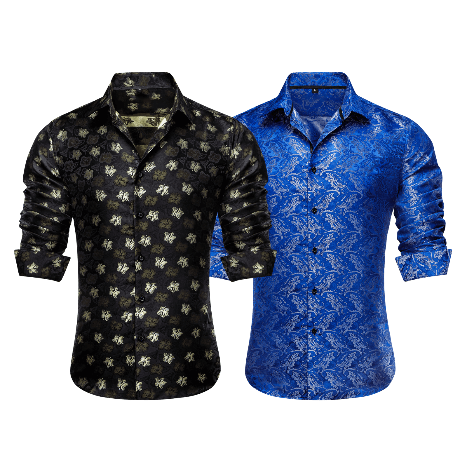 Barry.Wang 2pcs Mens Shirts Black Blue Paisley Shirt Silk Shirt
