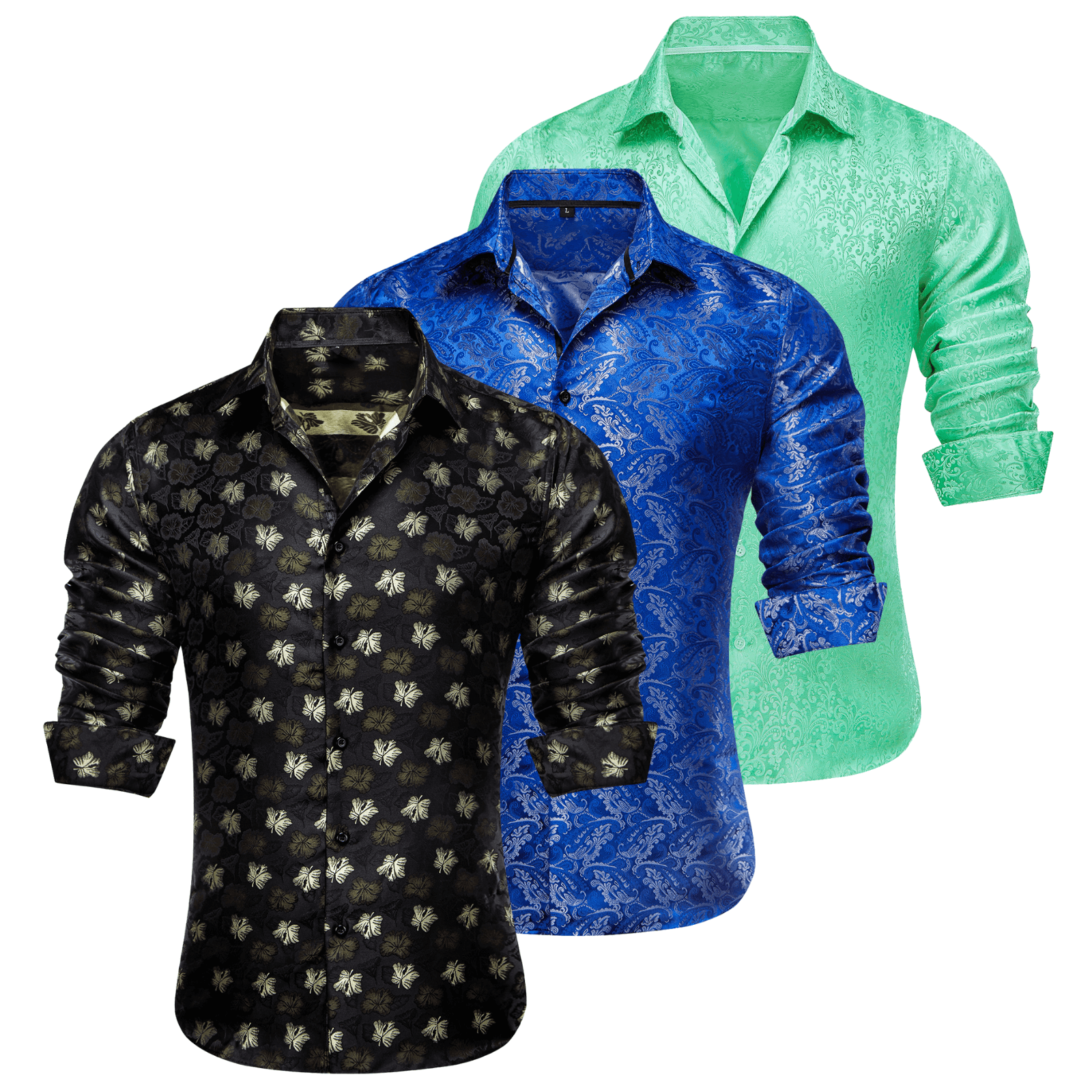 Barry.Wang 3pcs Mens Dress Shirts Black Blue Green Paisley Shirt Silk Shirt