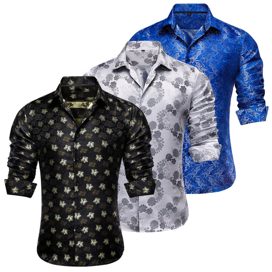 Barry.Wang 3pcs Men Dress Shirts Black Grey Blue Paisley Floral Shirt Silk Shirt