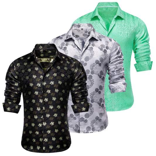 Barry.Wang 3pcs Men Dress Shirts Black Green Grey Paisley Floral Shirt Silk Shirt