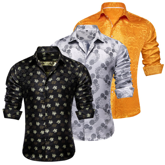 Barry.Wang 3pcs Men Dress Shirts Black Grey Gold Paisley Floral Shirt Silk Shirt