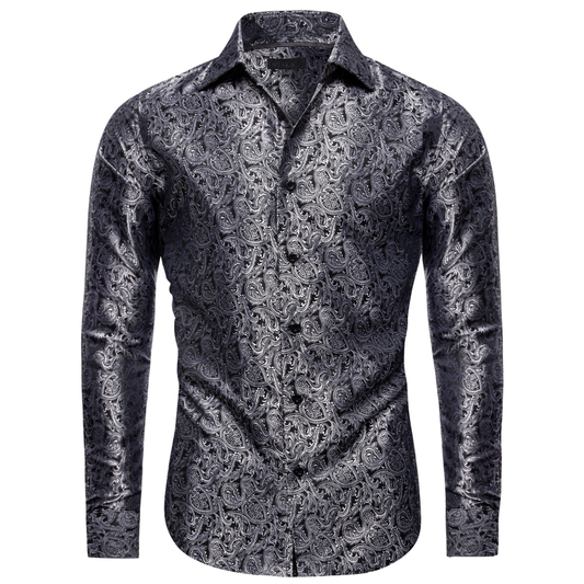 Barry. Wang Mens Grey Paisley Dress Shirt Long Sleeve Button Down Shirt