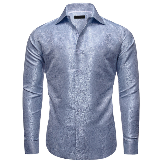Barry. Wang Mens Dusty Blue Dress Shirt Paisley Silk Long Sleeve Button Down Shirt