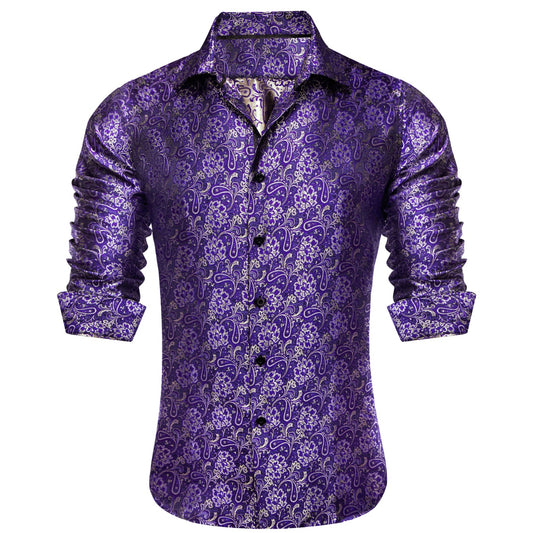 Barry. Wang Purple Floral Shirt Button Down Silk Long Sleeve Party Shirt