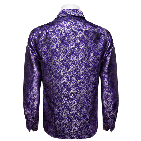 Barry. Wang Purple Floral Shirt Button Down Silk Long Sleeve Party Shirt