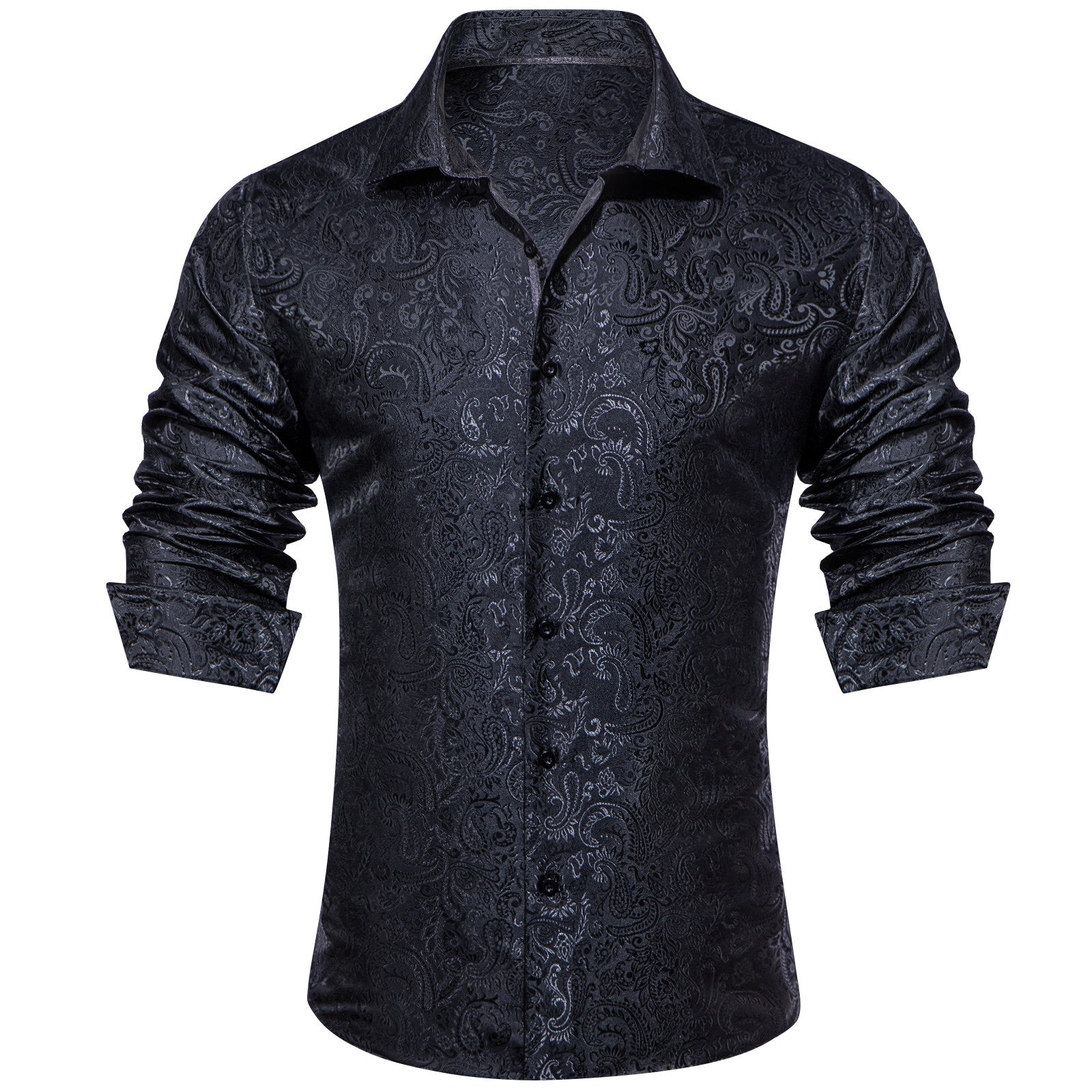 Barry. Wang Black Paisley Dress Shirt Mens Jacquard Western Casual Long Sleeve Shirt, 2XL