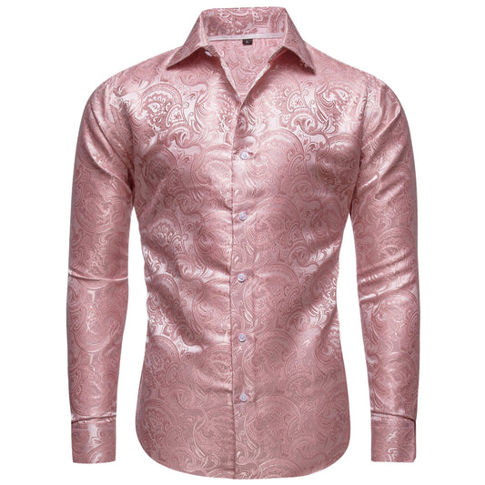 Barry. Wang Pink Wedding Mens Long Sleeve Floral Silk Dress Shirt