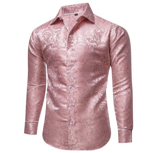 Barry. Wang Pink Wedding Mens Long Sleeve Floral Silk Dress Shirt
