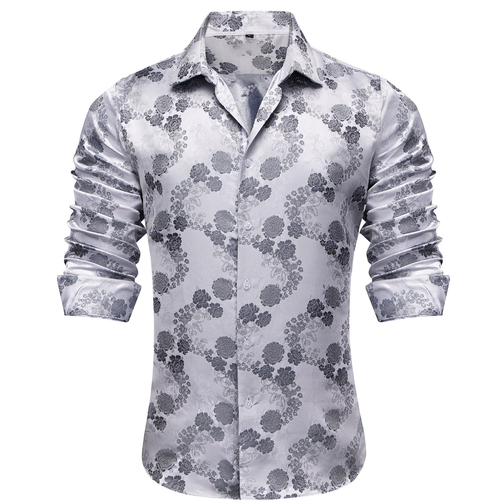 Barry. Wang Grey Floral Long Sleeve Button Down Dress Shirt
