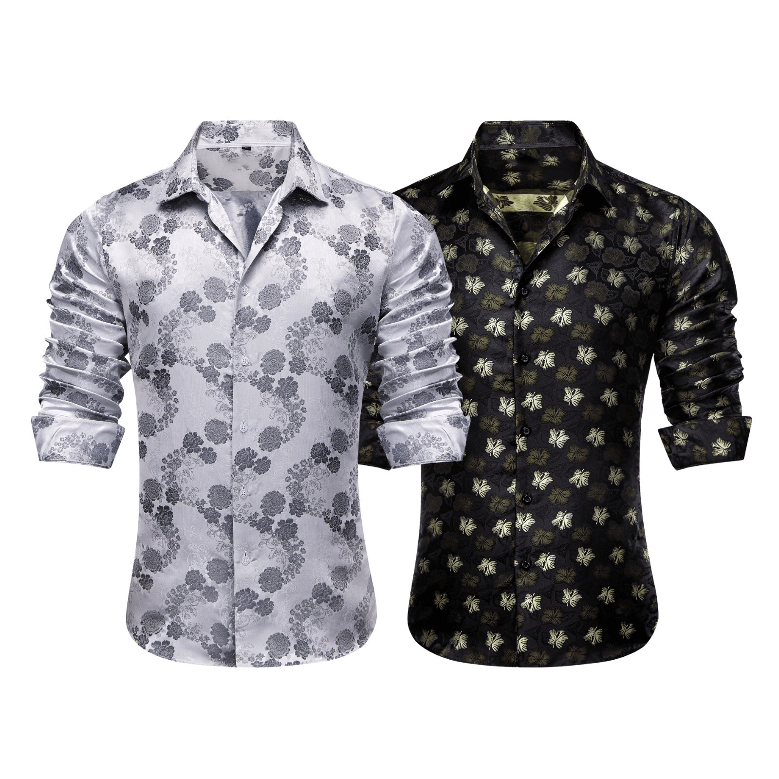 Barry.Wang 2pcs Mens Shirts Grey Black Paisley Shirt Silk Shirt