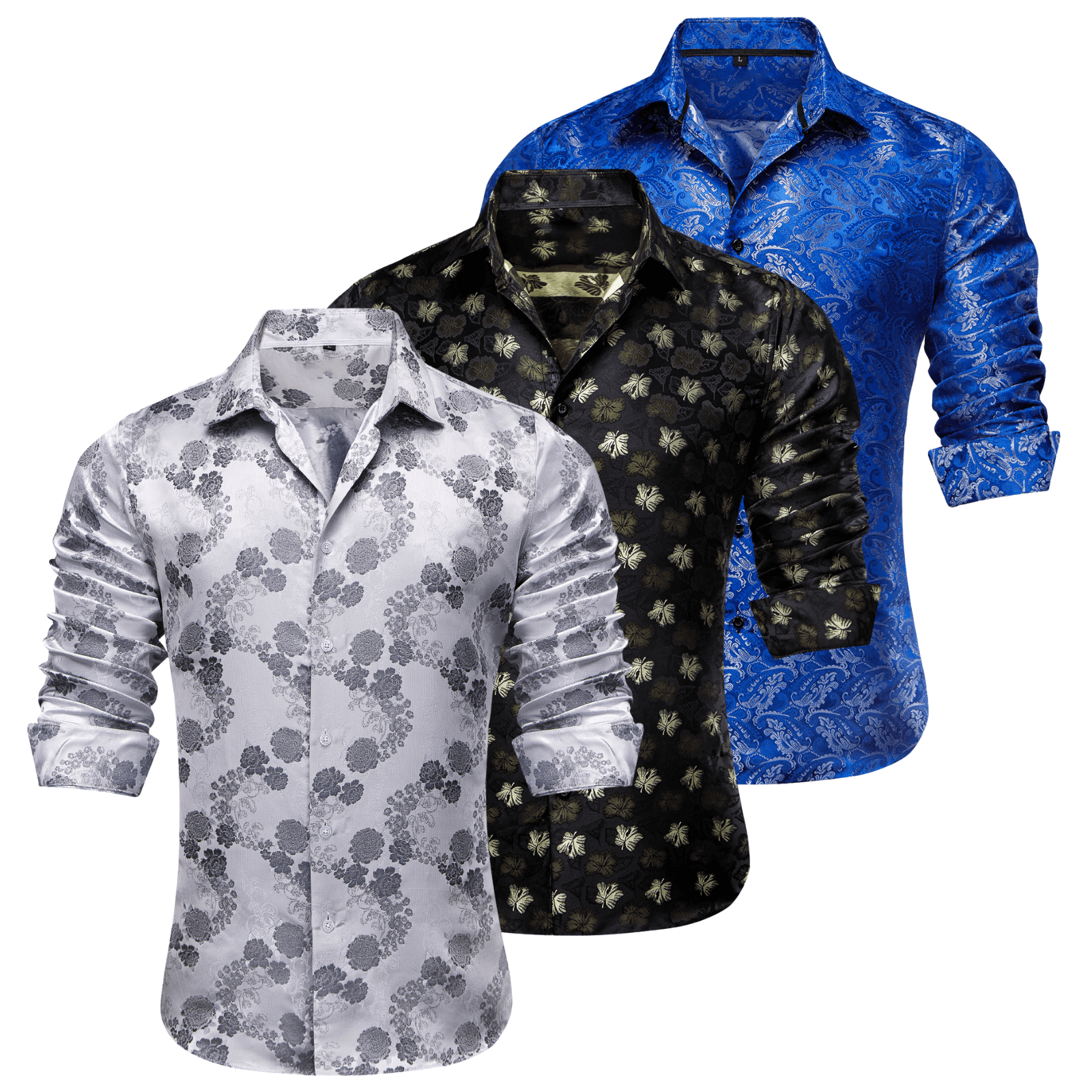 Barry.Wang 3pcs Mens Dress Shirts Grey Black Blue Paisley Shirt Silk Shirt