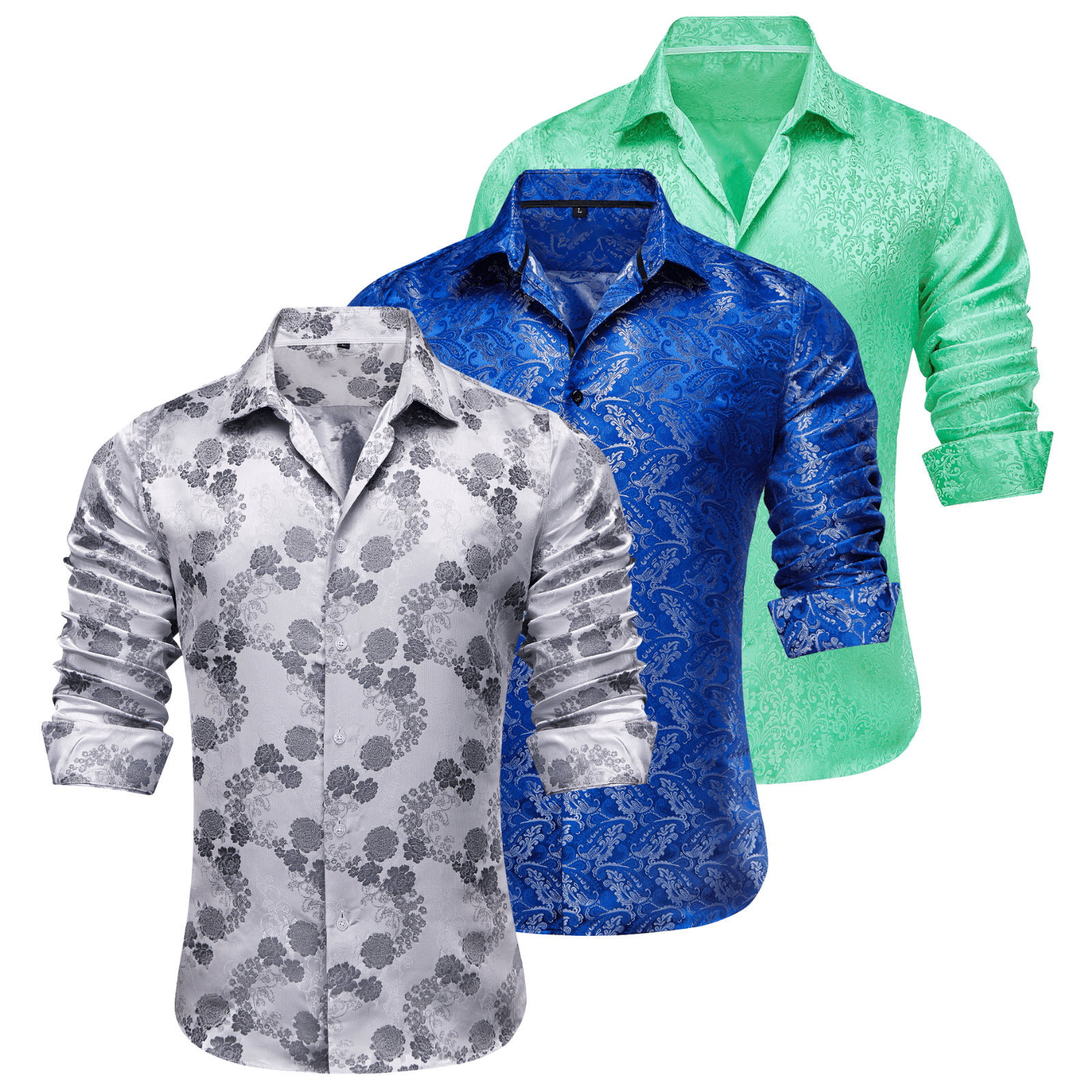 Barry.Wang 3pcs Mens Dress Shirts Grey Blue Green Paisley Shirt Silk Shirt
