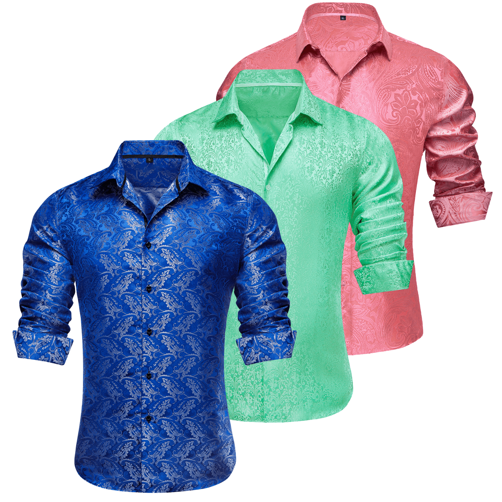 Barry.Wang 3pcs Mens Dress Shirts Blue Green Pink Paisley Shirt Silk Shirt