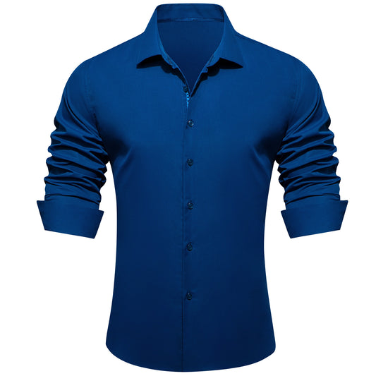 Barry. Wang Navy Shirt Solid Mens Silk Long Sleeve Silk Shirt