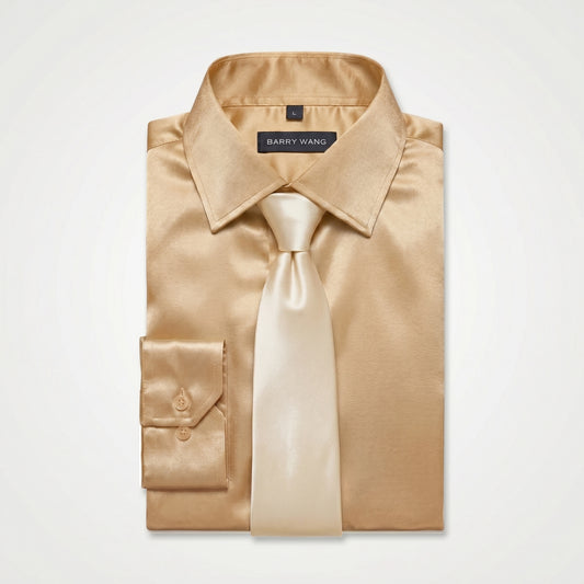 Barry. Wang Gold Satin Shirt with Tie Set