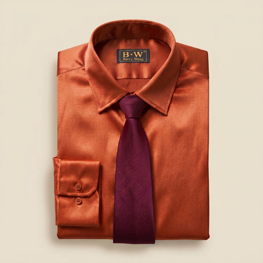 Barry. Wang Burnt Orange Satin Shirt with Tie Set