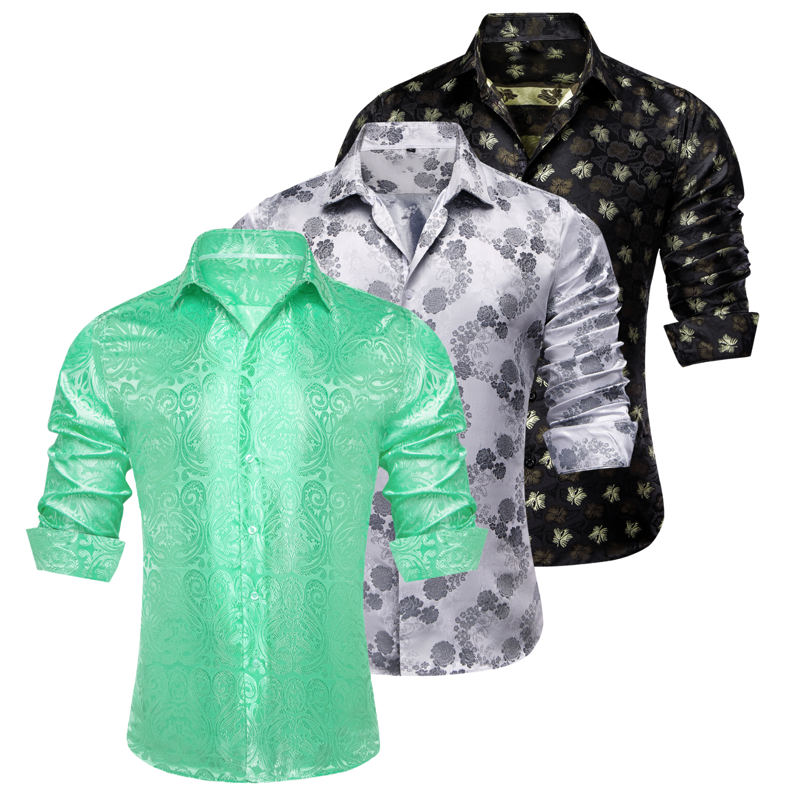 Barry.Wang 3pcs Mens Dress Shirts Green Grey Paisley Shirt Silk Shirt